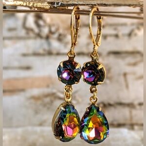 Large Volcano Vitrail Crystal Drop Down Earrings In Gold Plated